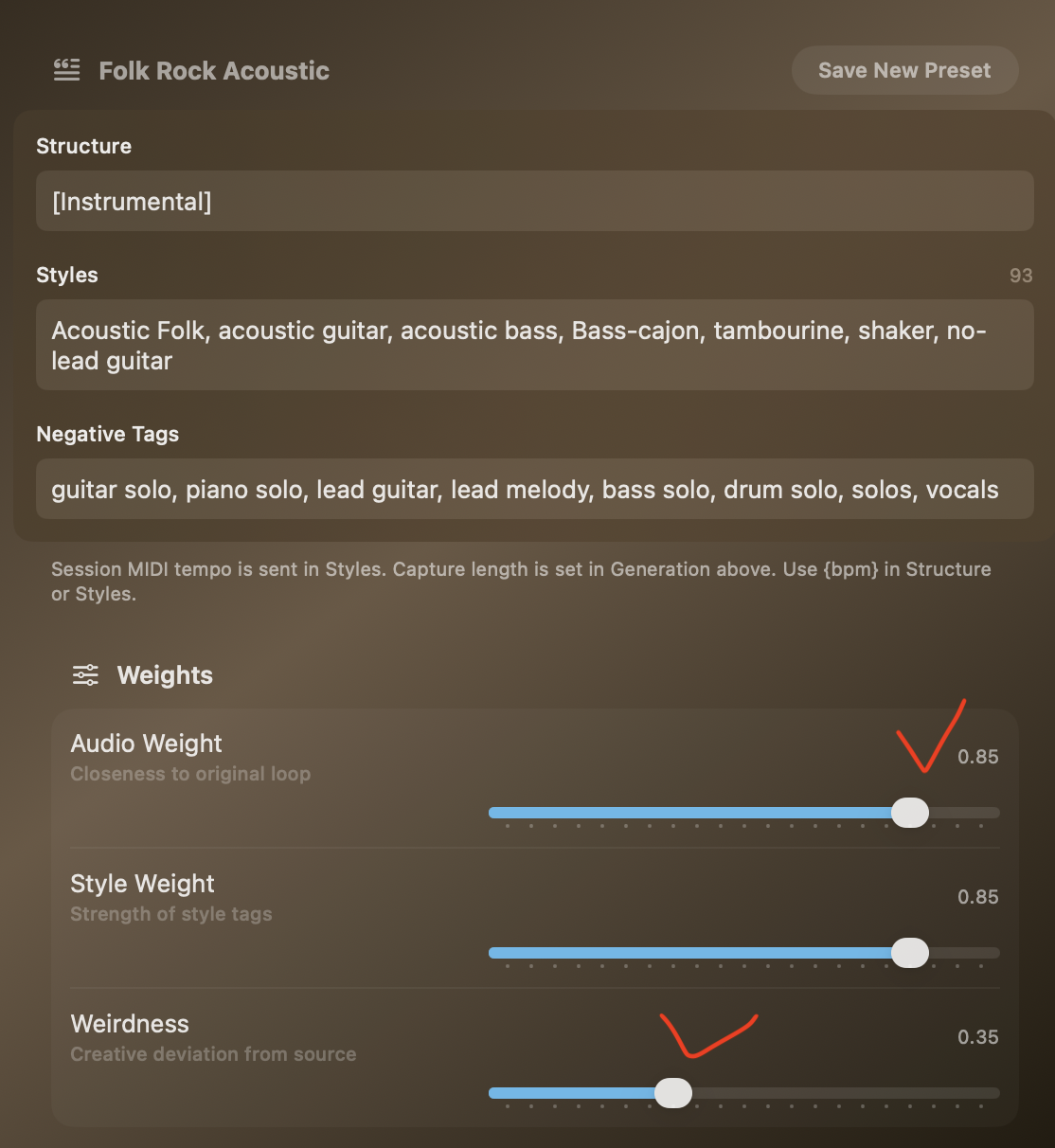 LiveTake generation controls: Structure, Styles, Negative tags, Audio Weight, Style Weight, and Weirdness