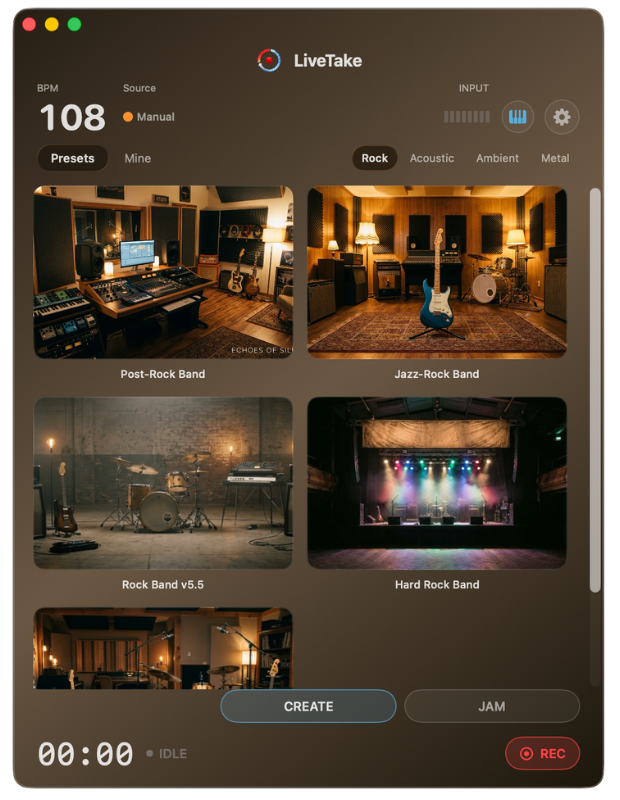 LiveTake main screen with style presets, CREATE, JAM, and REC